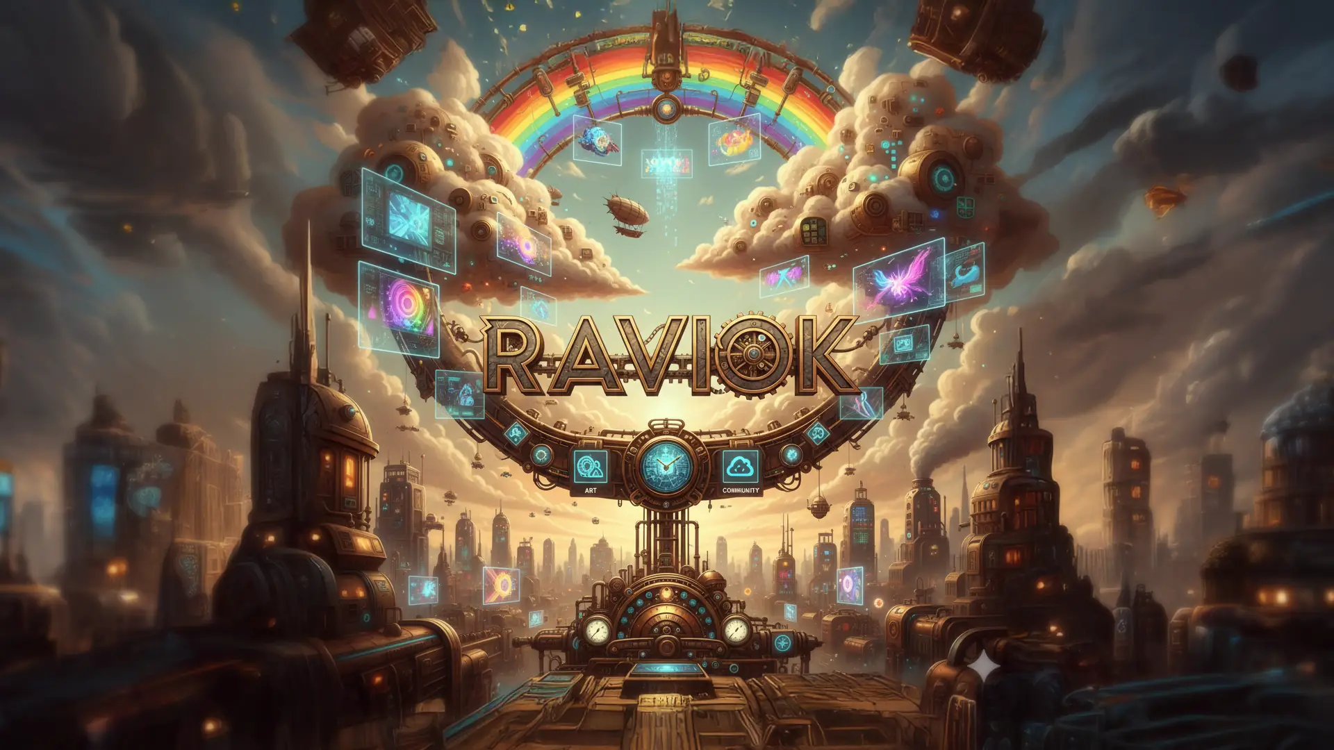 RAVIOK — 증기 기관 도시 위에 걸린 무지개와 RAVIOK 로고